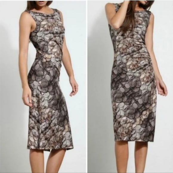 Three Dots Feather Print Packable Shirred Bodycon Sheath Midi Dress Medium - Picture 1 of 7